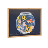 Illustration of an orange goldfish swimming inside a round glass bowl with pink and yellow aquatic plants, set against a dark blue background in a light wood frame.