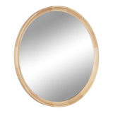 Round wall mirror with a segmented light wood frame featuring a subtle natural grain, reflecting a soft gradient background.
