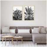Two black-and-white framed prints of palm trees with detailed fronds, hung side by side above a gray sectional sofa with striped and patterned pillows in a minimalist living room.