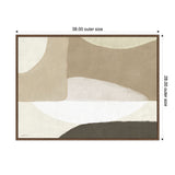 Abstract canvas art with soft overlapping shapes in beige, cream, taupe, and dark gray framed in dark wood, sized 38 by 28 inches.