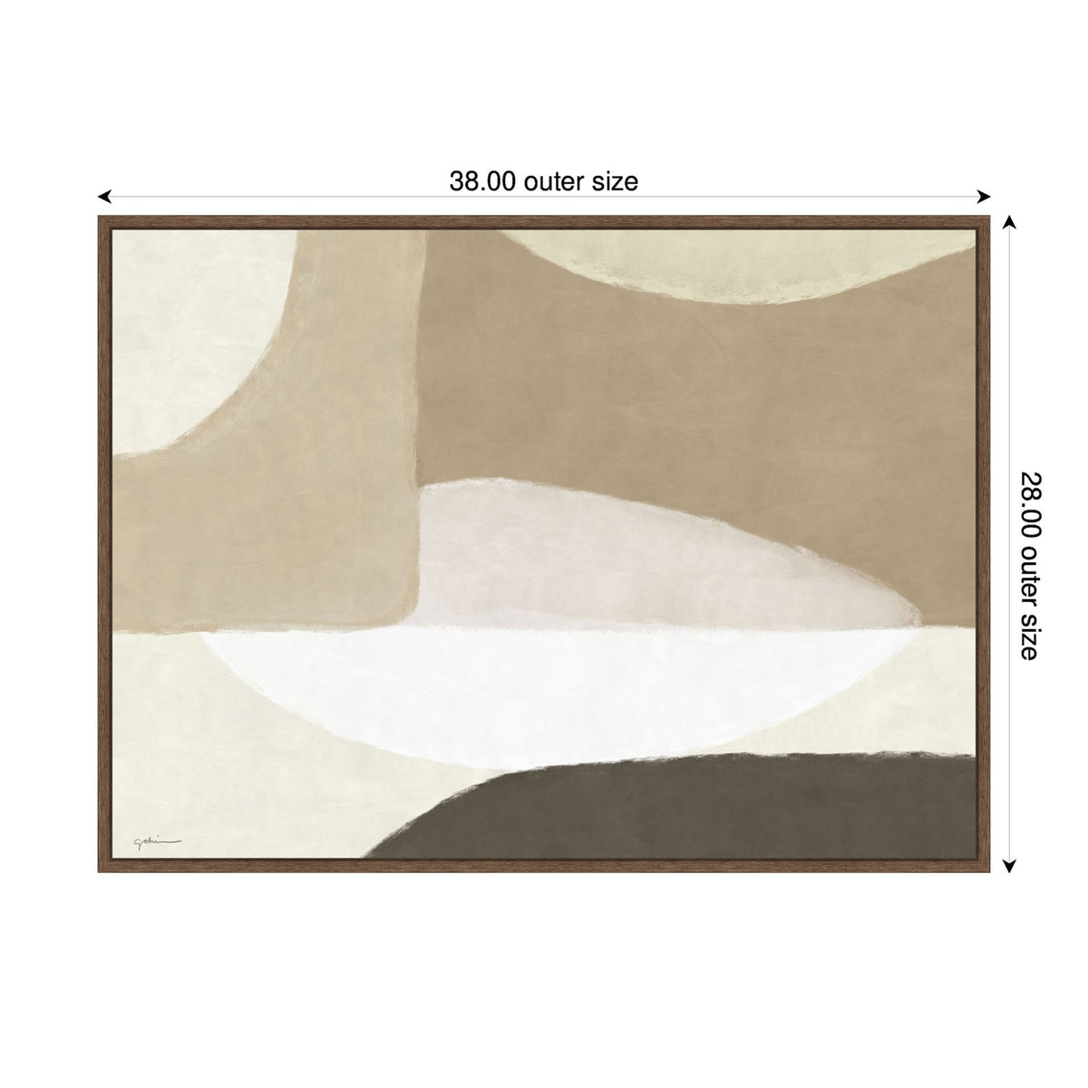 Abstract canvas art with soft overlapping shapes in beige, cream, taupe, and dark gray framed in dark wood, sized 38 by 28 inches.