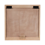 Square wooden frame with beige suede-like backing and two black metal brackets along the top inside edge, viewed from behind.