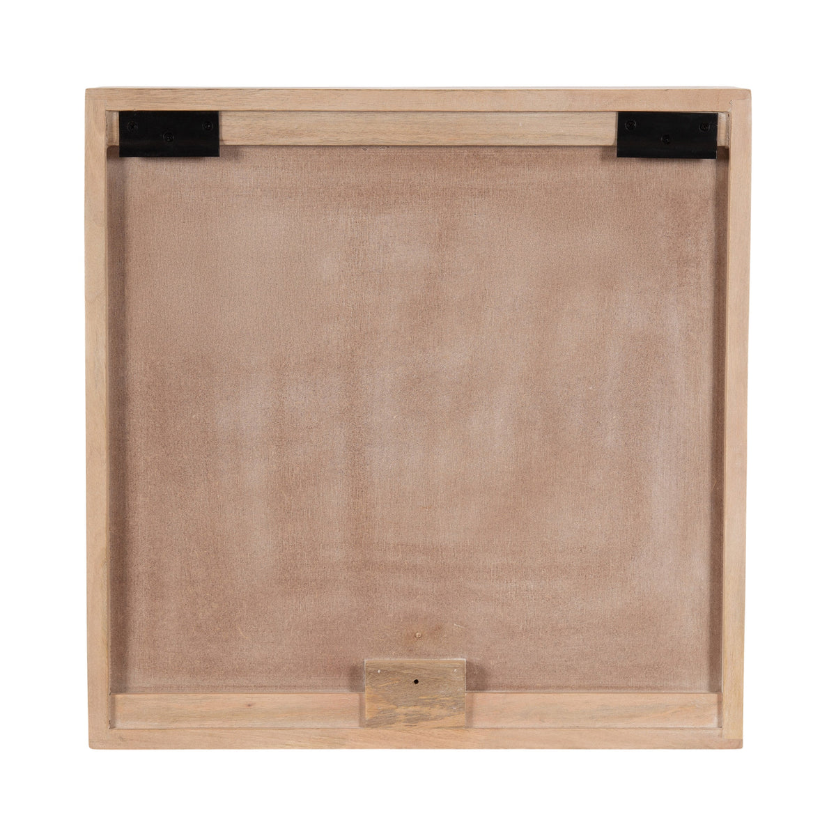 Square wooden frame with beige suede-like backing and two black metal brackets along the top inside edge, viewed from behind.