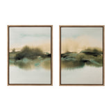 Two framed abstract watercolor paintings with soft green, brown, and blue tones blending into misty landscapes on a light background.