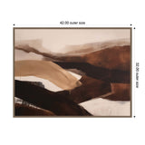 Abstract landscape painting with layered brown, beige, and black horizontal shapes suggesting hills or valleys under a muted sky on a 42x32 inch canvas.