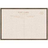 Rectangular fabric pinboard resembling a vintage postcard with brown text and linen texture, framed in a slim, dark wood border.