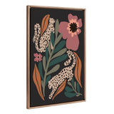Framed canvas with stylized beige leopards surrounded by large rust-orange, green, and pink floral shapes on a black background.