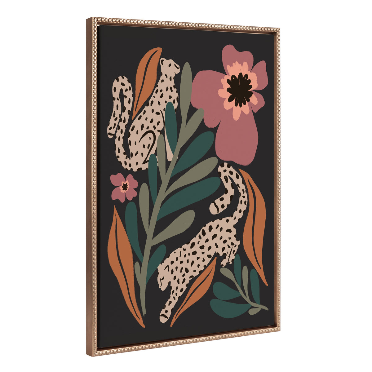 Framed canvas with stylized beige leopards surrounded by large rust-orange, green, and pink floral shapes on a black background.