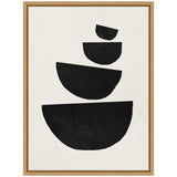 Four black semi-circle shapes stacked vertically in descending size order on a textured off-white background, framed in light wood.
