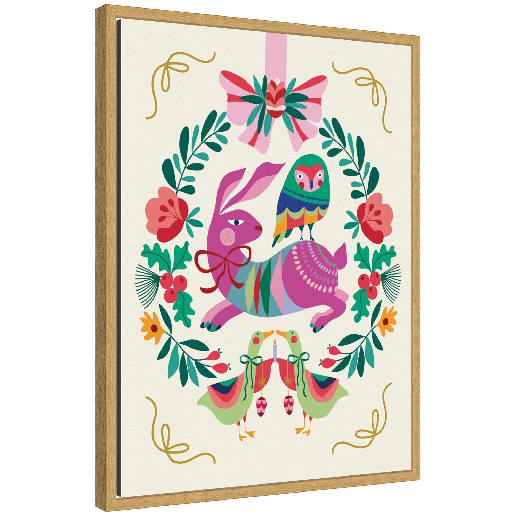 Framed canvas art of woodland animals Christmas wreath showing rabbit with bow, multicolored bird on its back, surrounded by leaves and flowers with birds holding candles