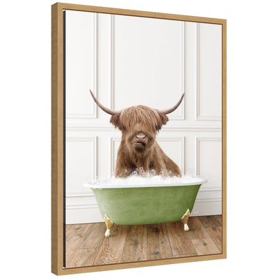 Sylvie Highland Cow resting in a transitional bathtub, floating canvas framed artwork by Amy Peterson