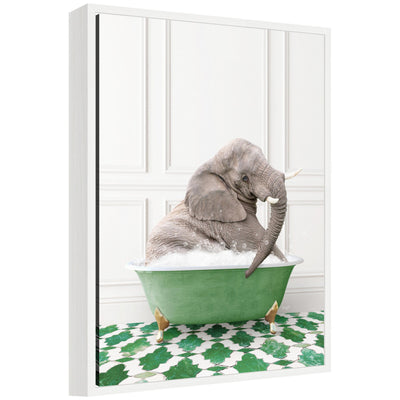 Framed canvas art depicting an elephant against eclectic green panel background