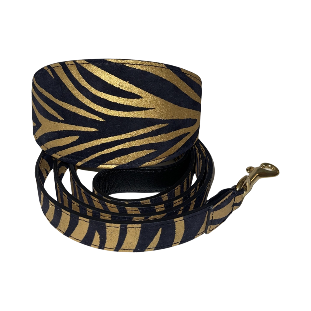 Black & Gold Zebra Print Italian Leather Collar & Leash Set arranged to display the zebra pattern and leather lining