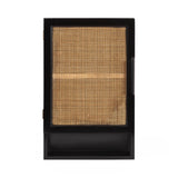 Rectangular wall cabinet with a black frame, featuring a central woven rattan panel on the door and an open cubby space at the bottom.