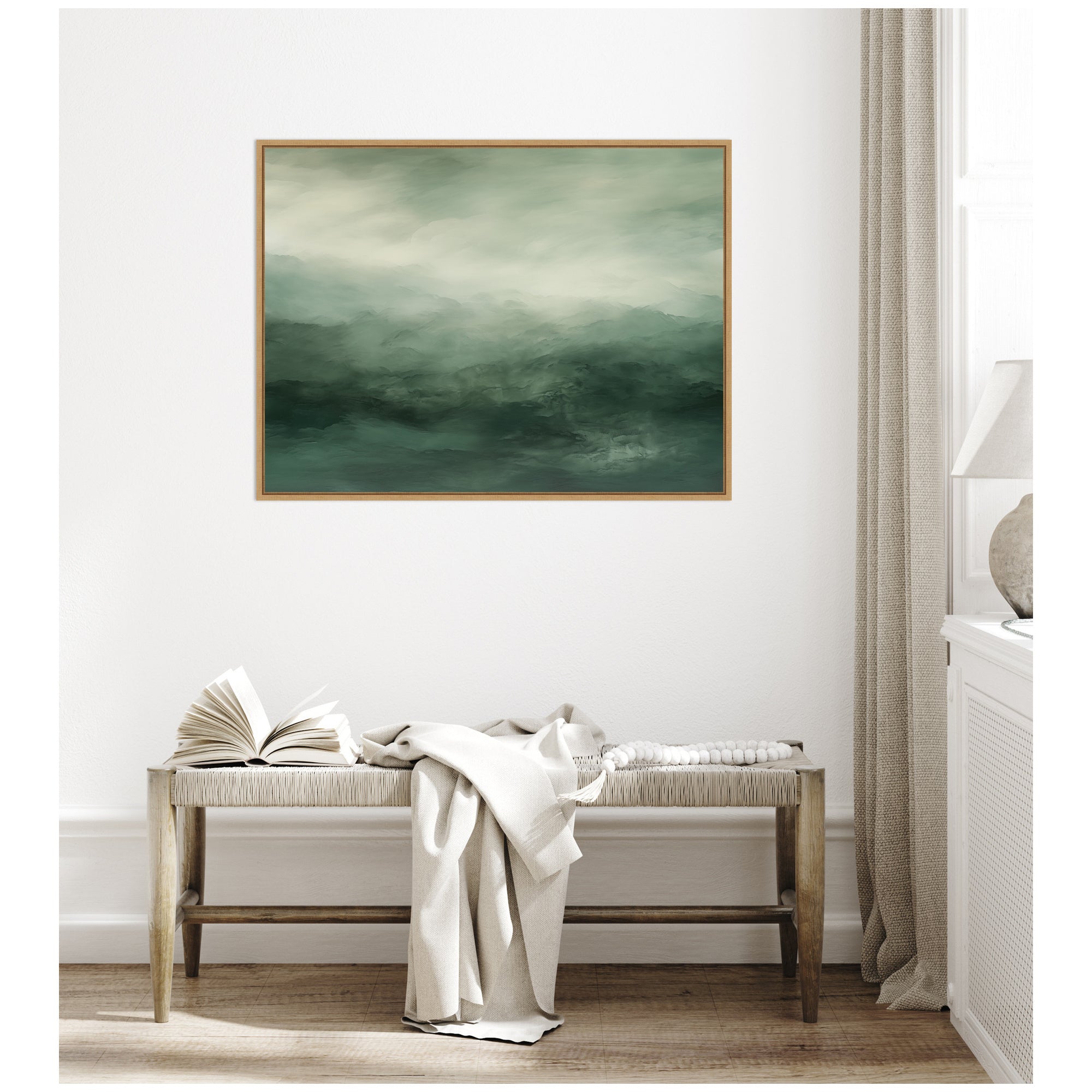 Tonal Abstract Comforting Sage Emerald Forest Green Landscape Horizontal Framed Canvas