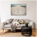 Gray mid-century modern sofa with light gray round pillow, gray fringed throw, and white dog, in front of a framed Route 66 road photograph hanging on a white wall.
