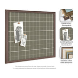Square pinboard with sage green plaid fabric and walnut frame, holding two black-and-white photo prints pinned with tan clips.