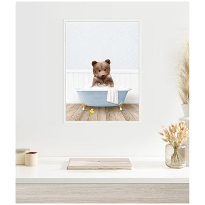 Sylvie Bear Cub in Cottage Blue Bathtub Framed Canvas by Amy Peterson