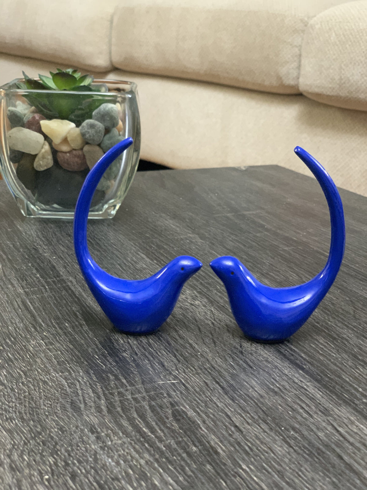 Two small blue bird figurines with long curved tails facing each other on a dark wood grain surface, with a succulent plant in a glass container in the background.