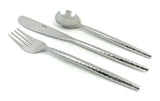 Hammered Stainless Steel Flatware 18-Piece Set with knives, forks, and spoons arranged on a tabletop