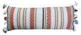Large decorative accent throw pillow in coral multi handloom fabric with tassels on each end, laid on a white surface.