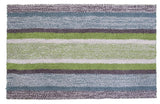 Rectangular bath rug with horizontal multi-color stripes in shades of purple, blue, green, and white, featuring a textured, looped surface.