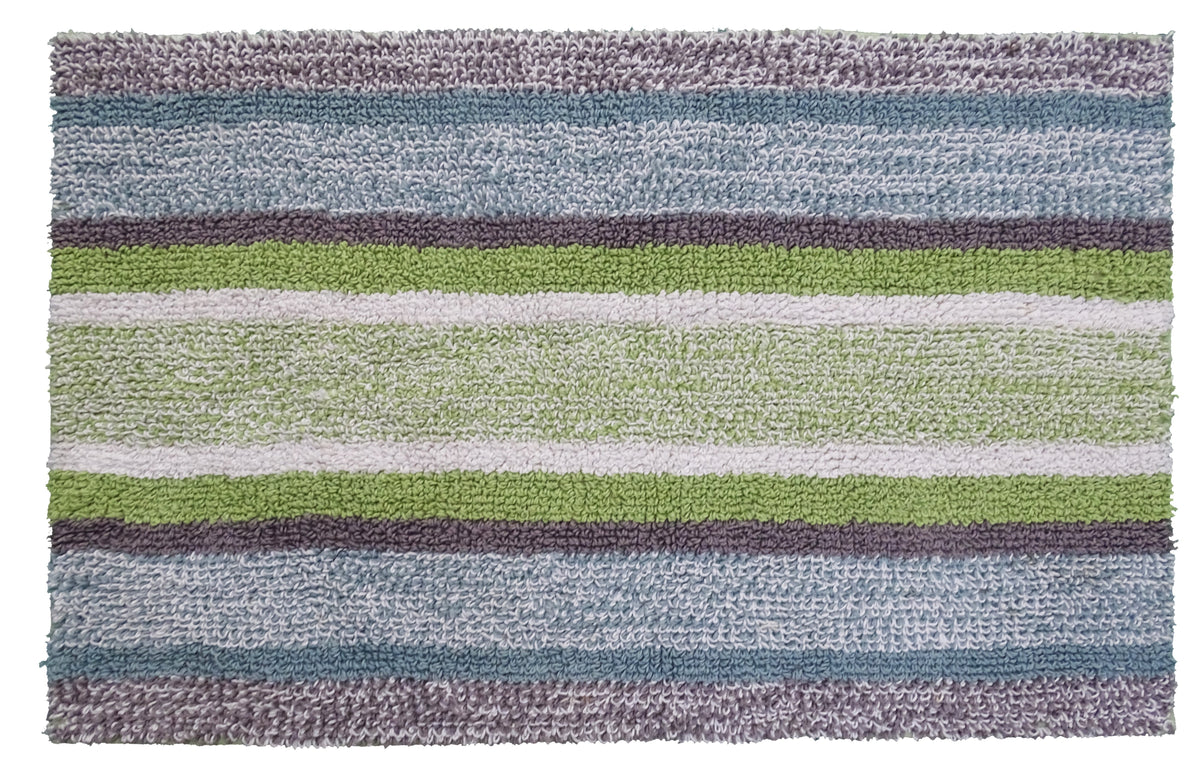 Rectangular bath rug with horizontal multi-color stripes in shades of purple, blue, green, and white, featuring a textured, looped surface.