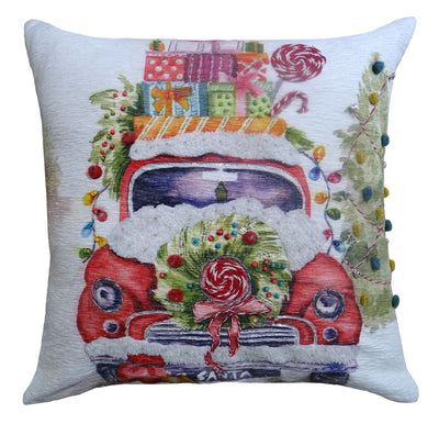 Christmas Embroidered Throw Pillow 20 x 20 with holiday car and tree embroidery