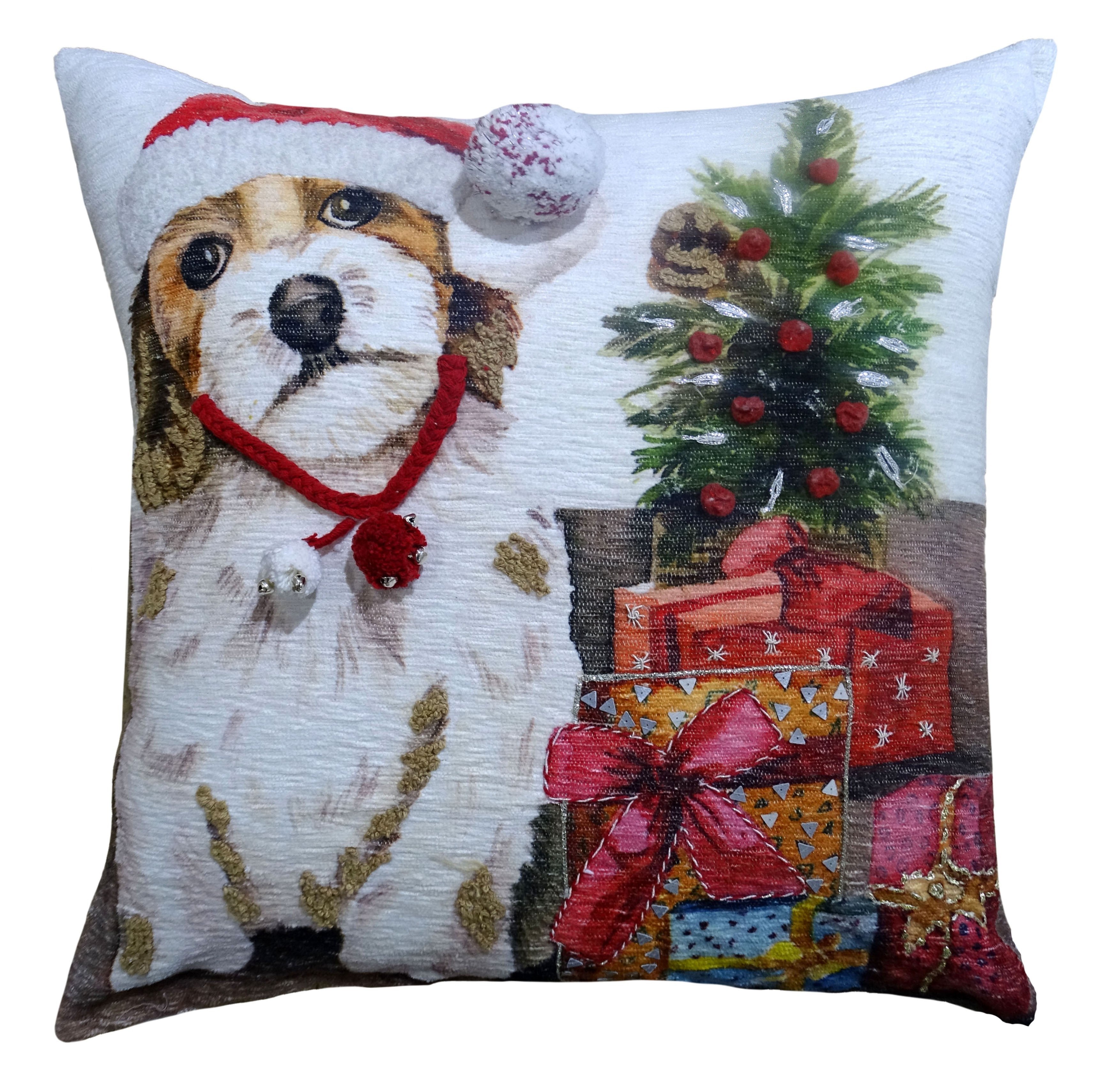 Christmas decorative throw pillow with embroidered puppy and pom pom accents on a cream-colored fabric