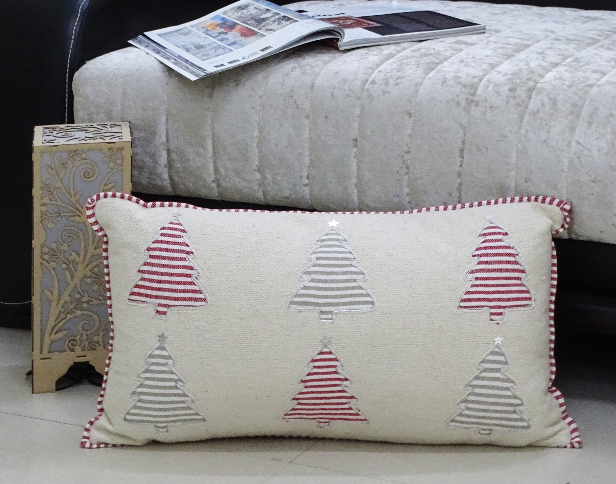 Christmas Pillow Colorful Tree measuring 14 inches by 24 inches with applique tree motifs and striped piping