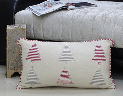 Christmas Pillow Colorful Tree measuring 14 inches by 24 inches with applique tree motifs and striped piping