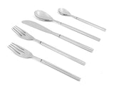 Modern stainless steel flatware set including two forks, one butter knife, one tablespoon, and one teaspoon with slim, straight handles and a polished finish.