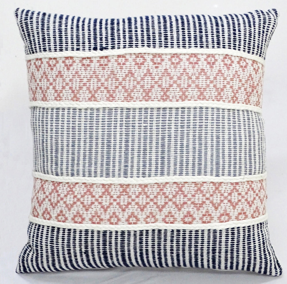 22" X 22" Decorative Throw Pillow featuring black vertical stripes with braided detailing and tassels on a couch
