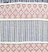 Close-up of a fabric with horizontal stripes in navy blue and muted red, featuring woven geometric patterns separated by thin white borders.