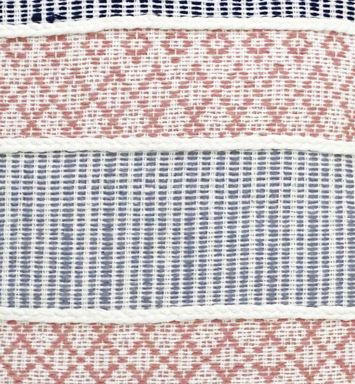 Close-up of a fabric with horizontal stripes in navy blue and muted red, featuring woven geometric patterns separated by thin white borders.