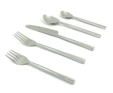 Set of silver flatware with two forks, one knife, and two spoons arranged on a white background, featuring a simple hammered pattern on the handles.