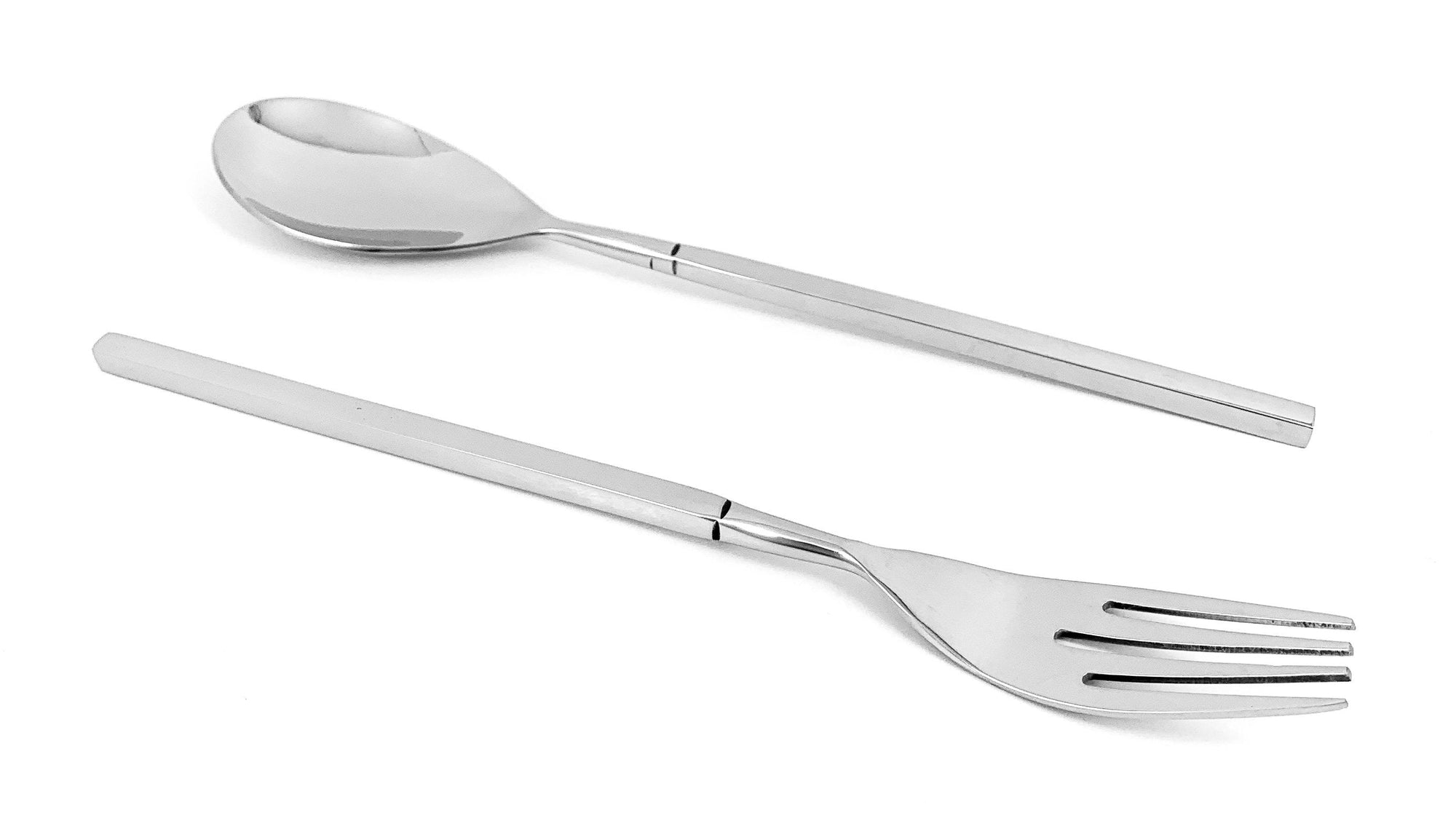 Vibhsa Stainless Steel Salad Fork and Dessert Spoon Set of 12 displayed side by side on a dark background