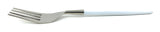 Stainless steel dinner fork with a hammered-texture mouth and a sleek, smooth white handle, shown on a white background.