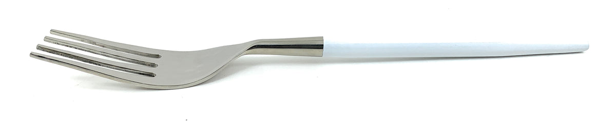 Stainless steel dinner fork with a hammered-texture mouth and a sleek, smooth white handle, shown on a white background.