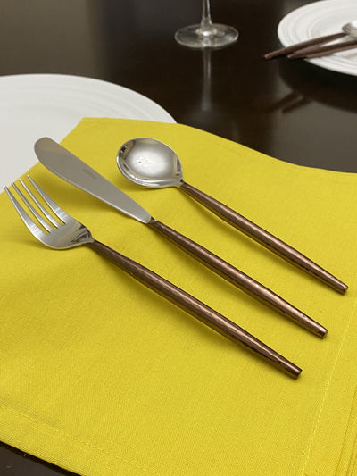 Hammered Stainless Steel Flatware 18-Piece Set featuring knives, forks, and spoons with brown hammered handles and high gloss finish