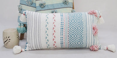 Striped Throw Pillow with Braid and Tassels 14x24 by Vibhsa displaying geometric stripes, braid detail, and tassels