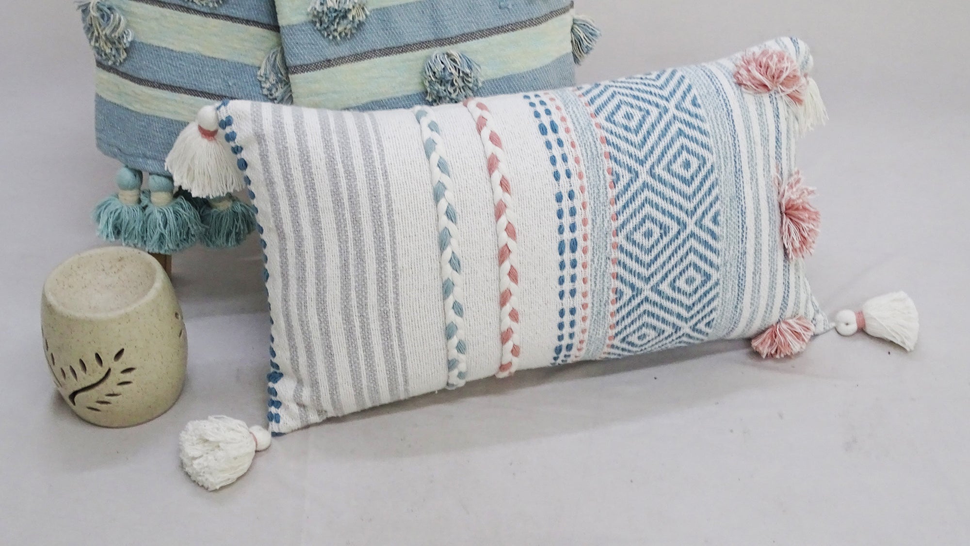 Striped Throw Pillow with Braid and Tassels 14"x24" by Vibhsa