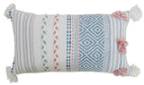 Rectangular throw pillow with light gray and blue striped patterns, featuring braided pink and blue yarn accents and tasseled corners in white and pink.