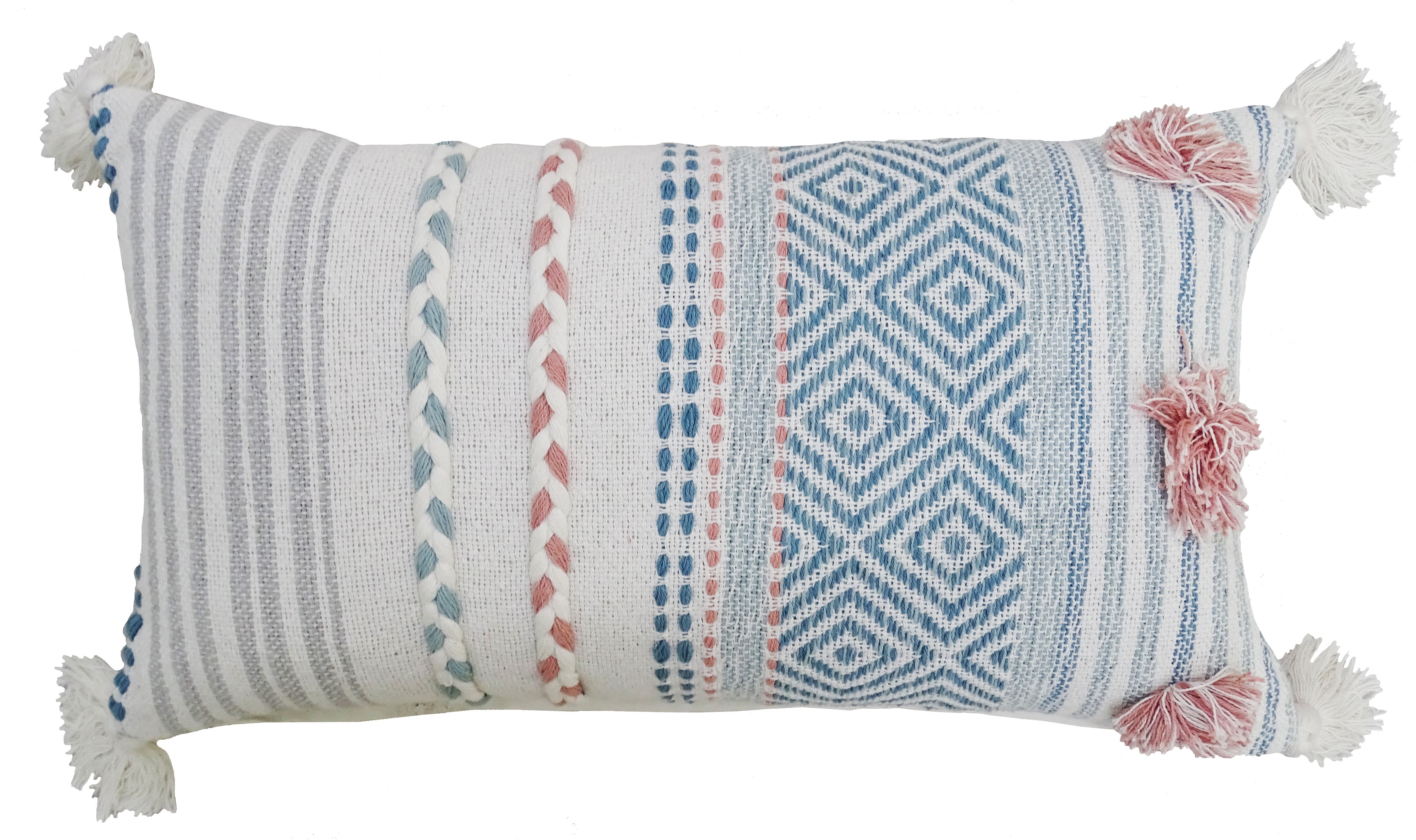 Striped Throw Pillow with Braid and Tassels 14"x24" by Vibhsa