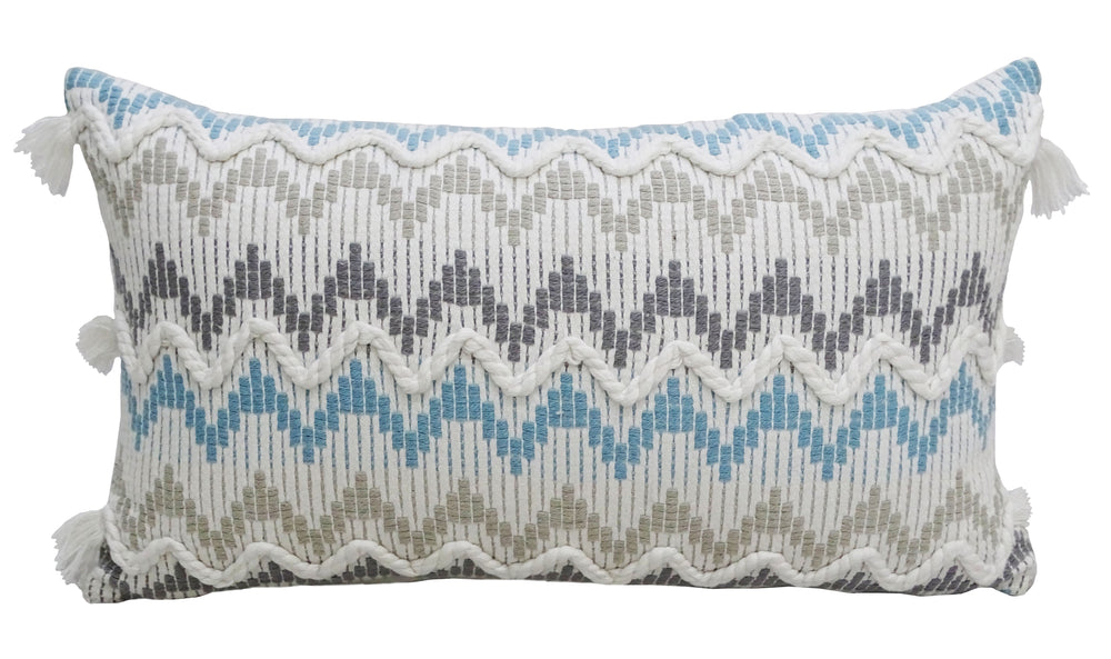 Chevron Throw Pillow 14x24 inches with braid and tassels on sofa