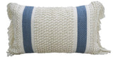 Rectangular decorative pillow with cream looped texture center and two vertical muted blue stripes, finished with fringed edges on the short sides.