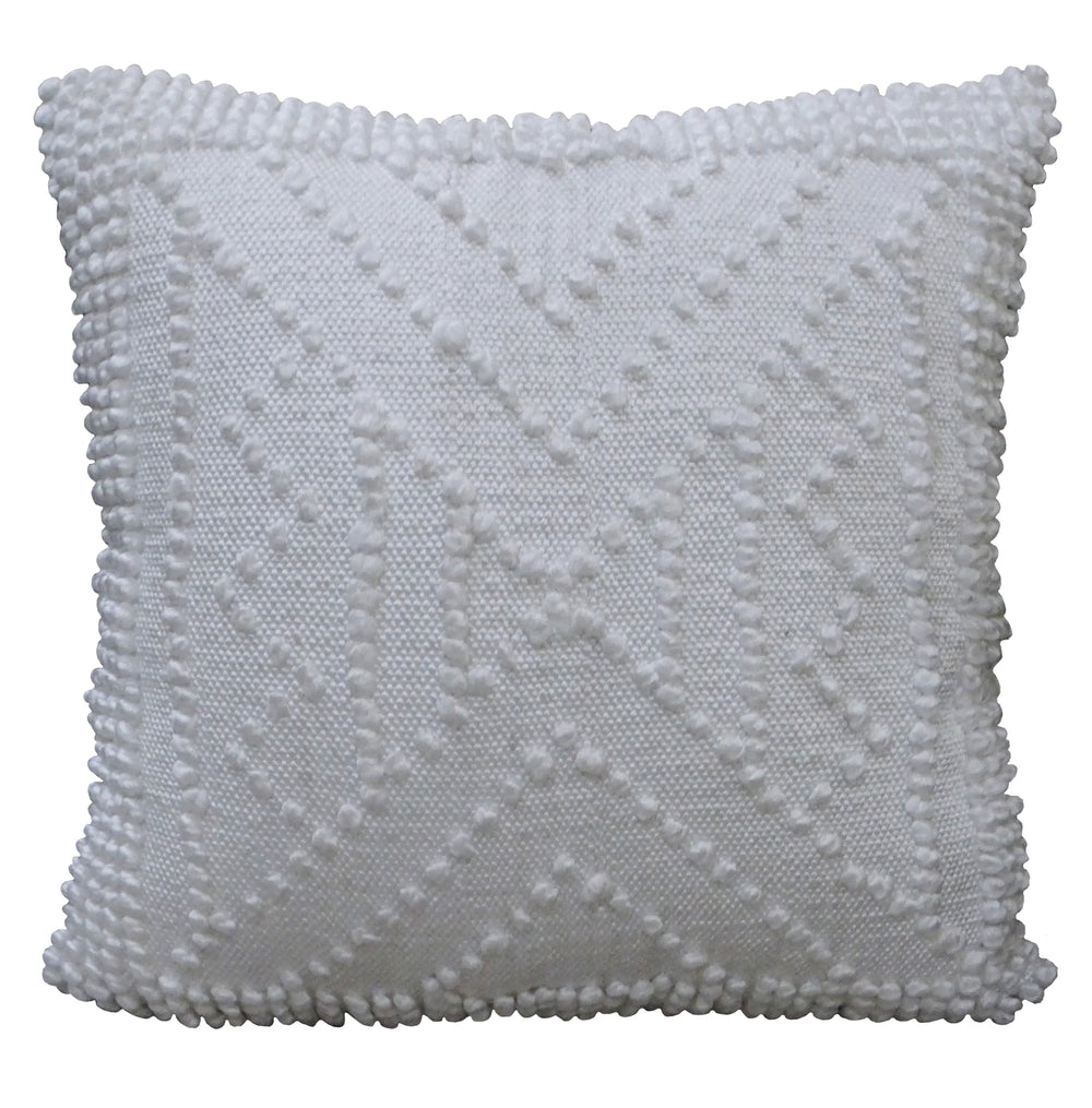 White 18x18 decorative outdoor pillow displayed on a couch
