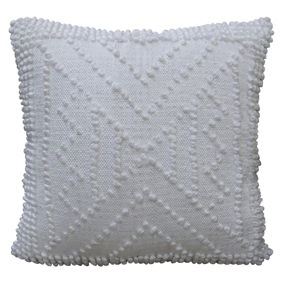 White 18x18 decorative outdoor pillow displayed on a couch