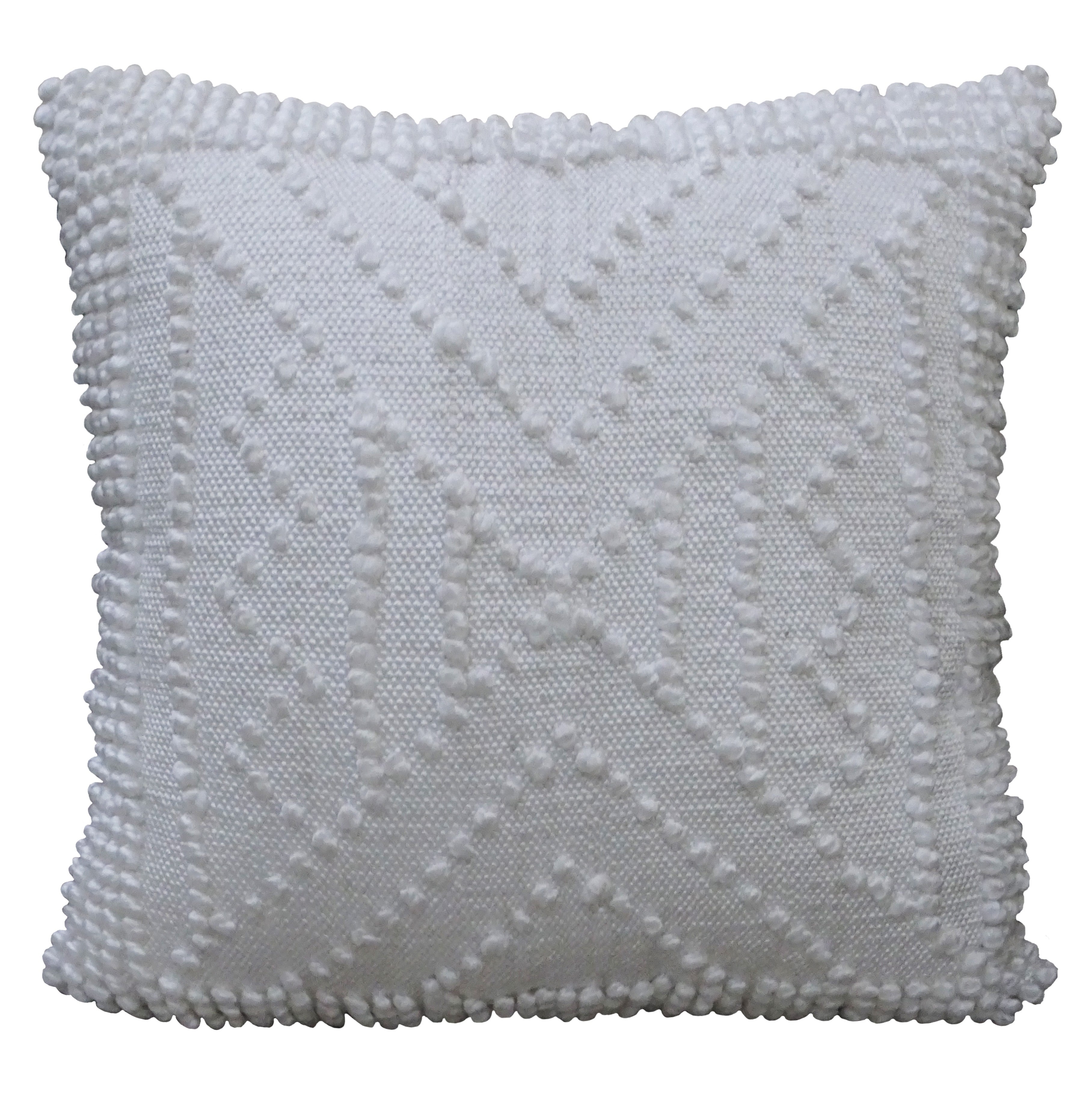 White 18x18 decorative outdoor pillow displayed on a couch