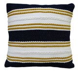 Square pillow with alternating black, white, and gold horizontal stripes featuring braided white rope details across the front